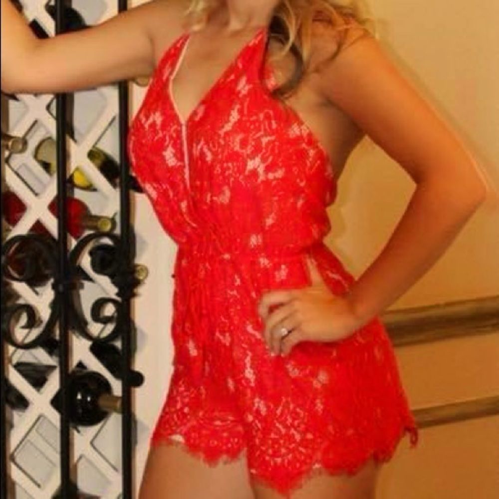 NWT Girls Just Want to Have Fun Red Lace Romper